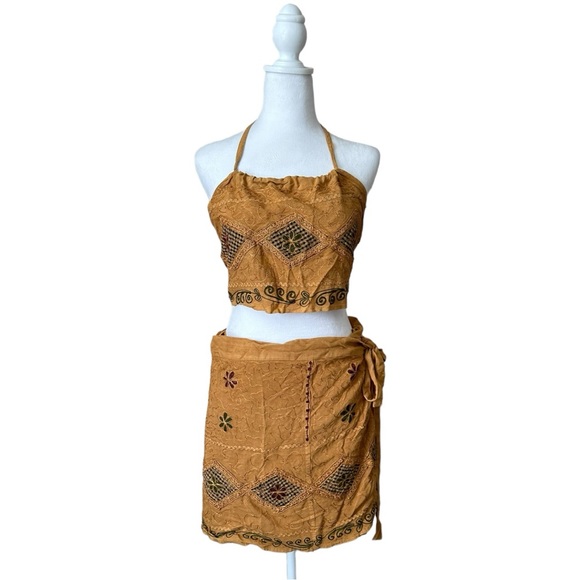 Embroidered Crop Top Wrap Skirt Set Mustard Boho Summer - Picture 1 of 7